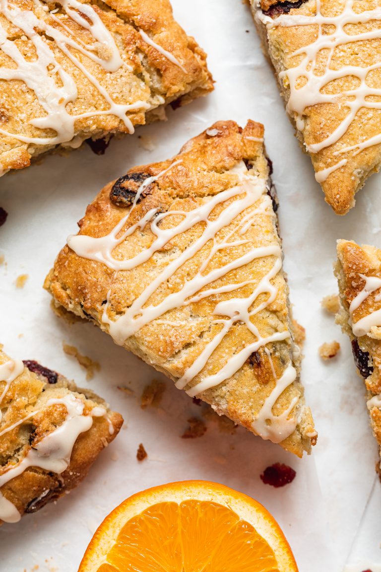 Close up image of cranberry orange scones.