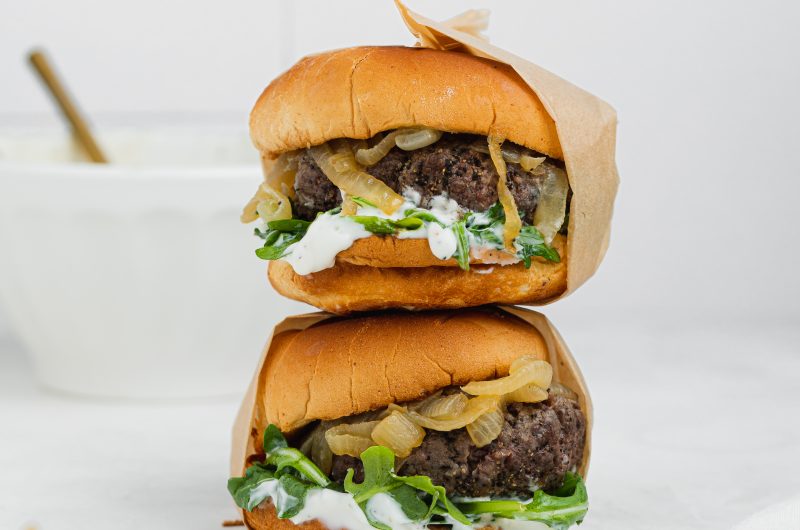 Caramelized Onion Burgers with Garlic Aioli