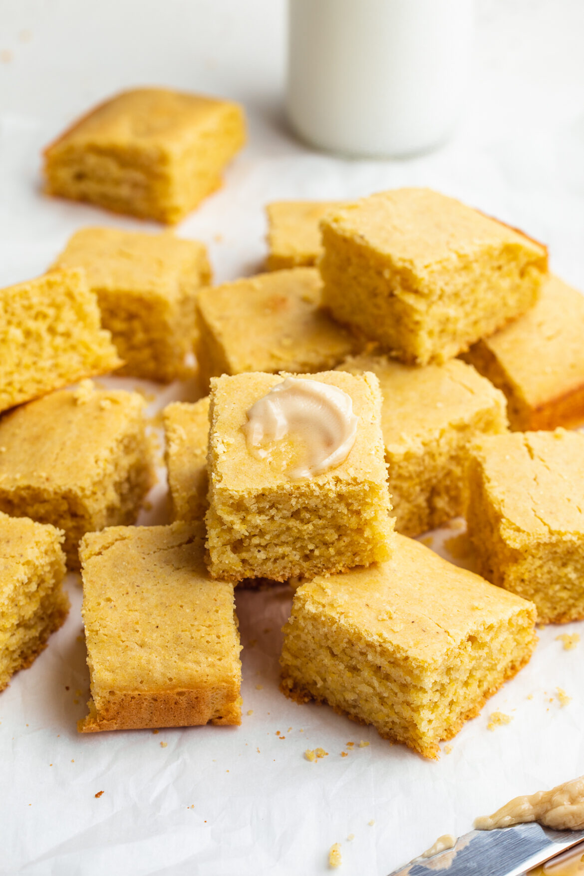 Gluten-Free Cornbread with Honey Butter gluten-free cornbread with milk on the side.