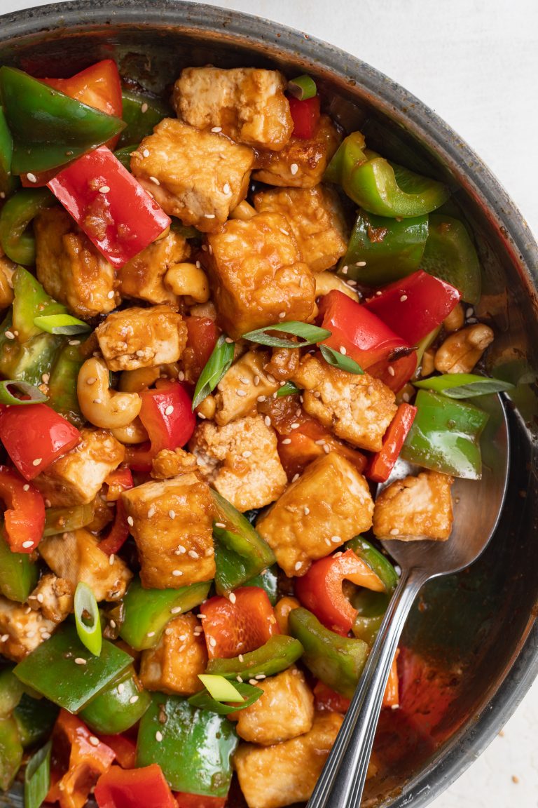 overhead close-up image of kung pao tofu in a pan
