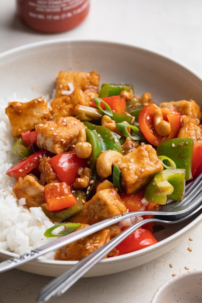 close-up image of kung pao tofu on a plate over rice