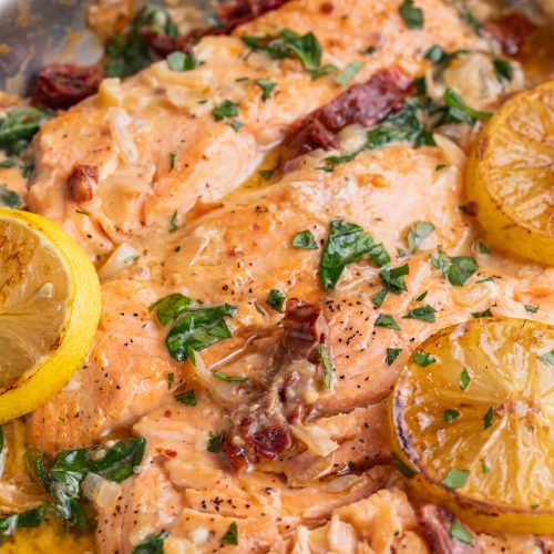 close up of sun dried tomato salmon recipe