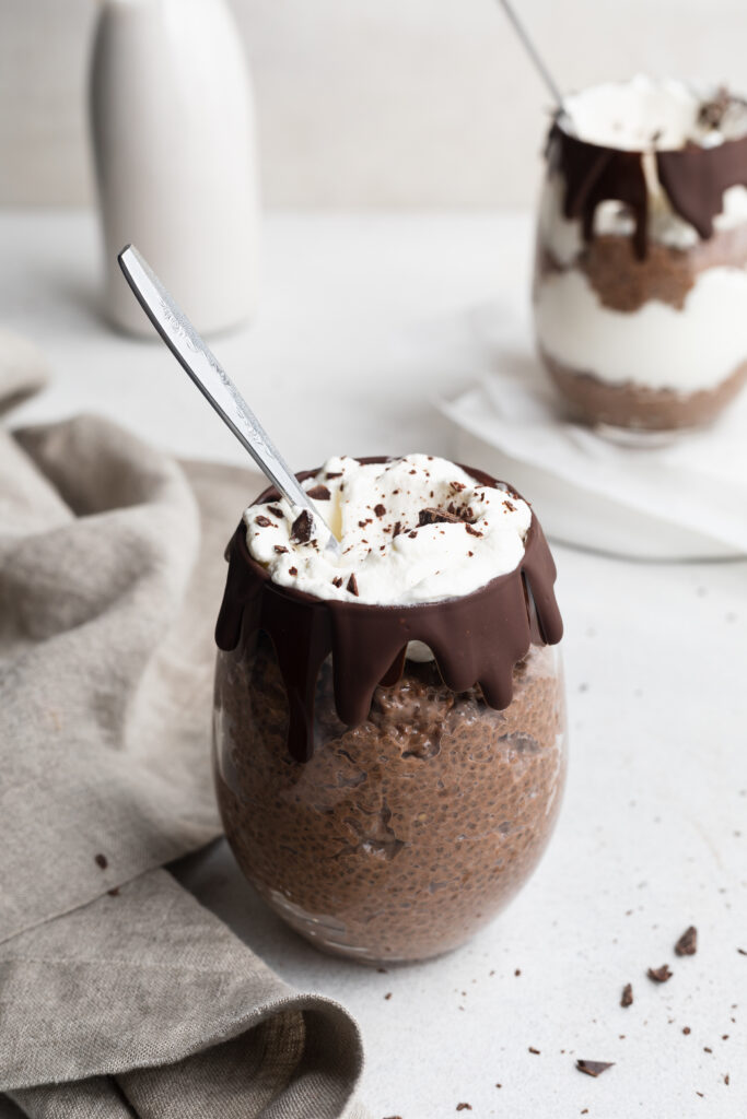 two cups chocolate chia pudding
