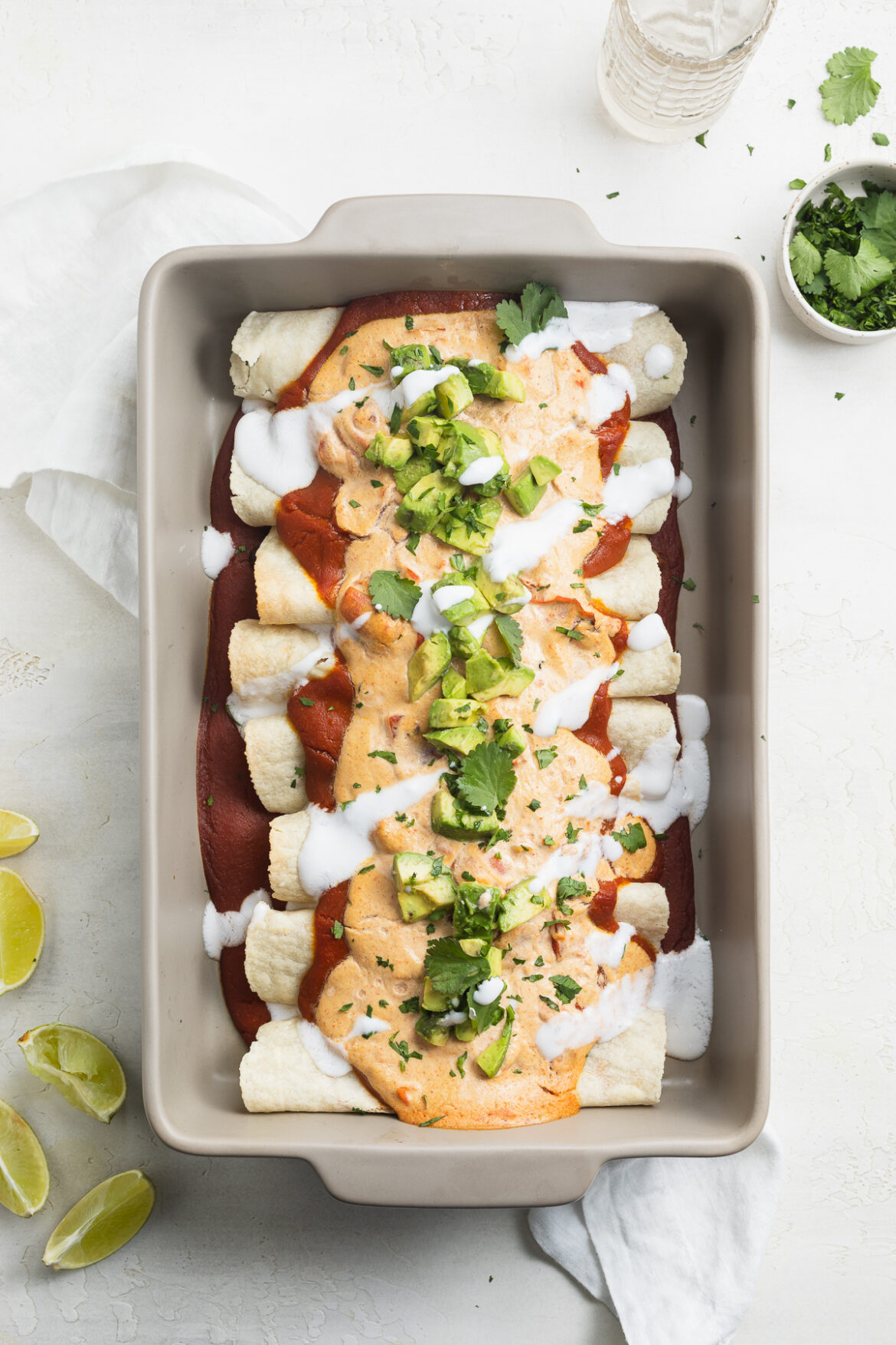 “Cheesy” Vegan Enchiladas overhead image of vegan enchiladas in a baking dish