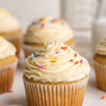 close up image of a gluten-free vanilla cupcake with vanilla frosting and rainbow sprinkles.