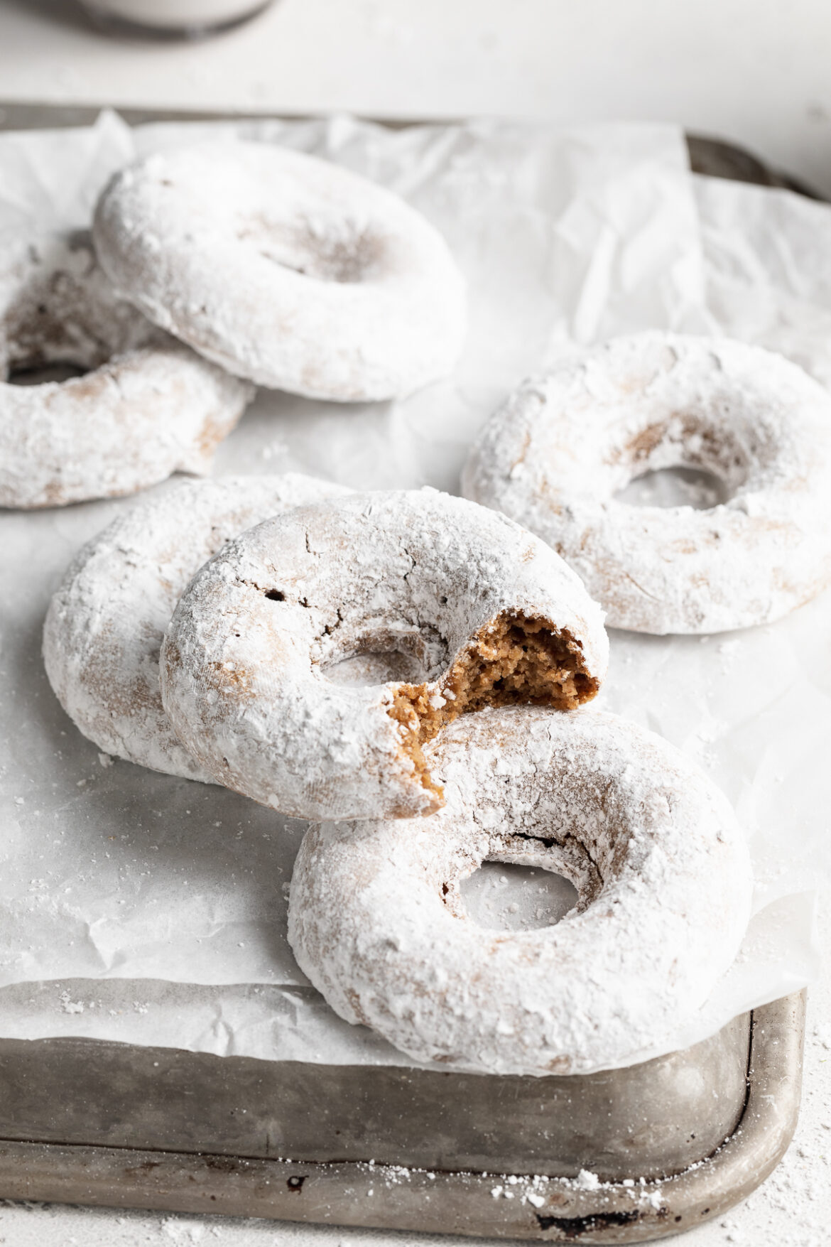 Healthy Gluten-Free Donuts (One-Bowl!) gluten-free donuts coated in powdered sugar