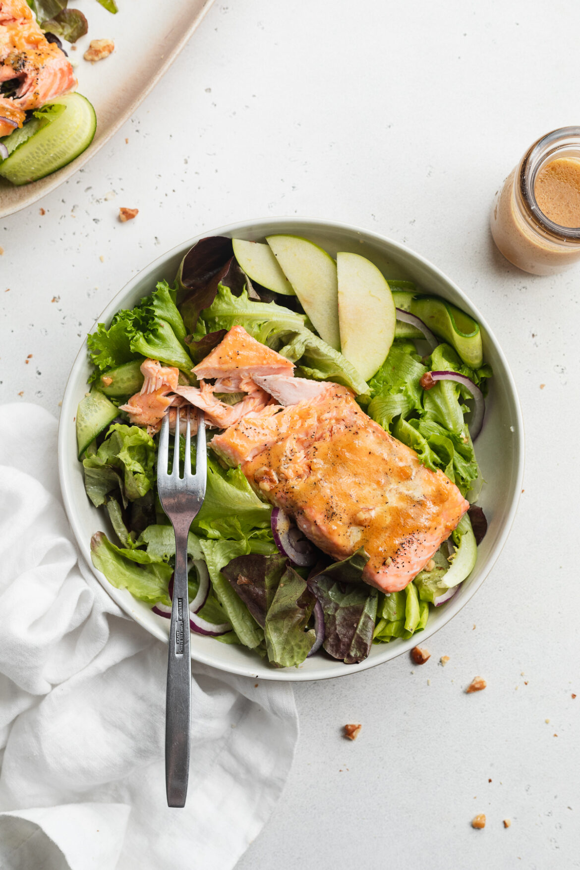 Maple Dijon Salmon Salad overhead image of maple dijon salmon salad in a bowl.