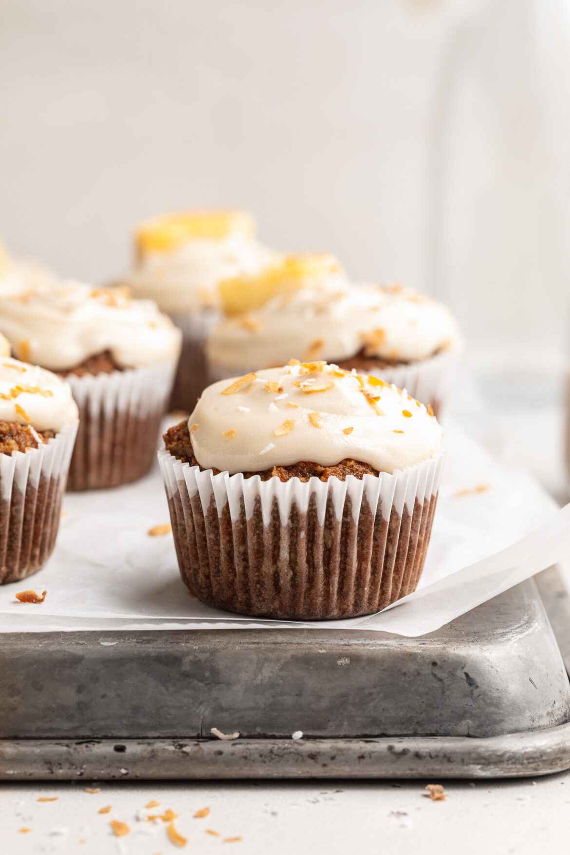 Almond Flour Hummingbird Cupcakes (Pineapple Coconut Cupcakes) close-up image of an almond flour hummingbird cupcake