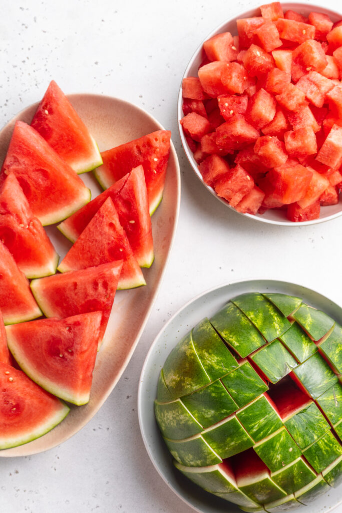 Showing a watermelon cut 3 ways.