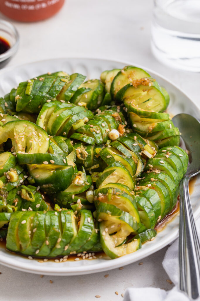 close-up image of asian cucumber salad on a plate
