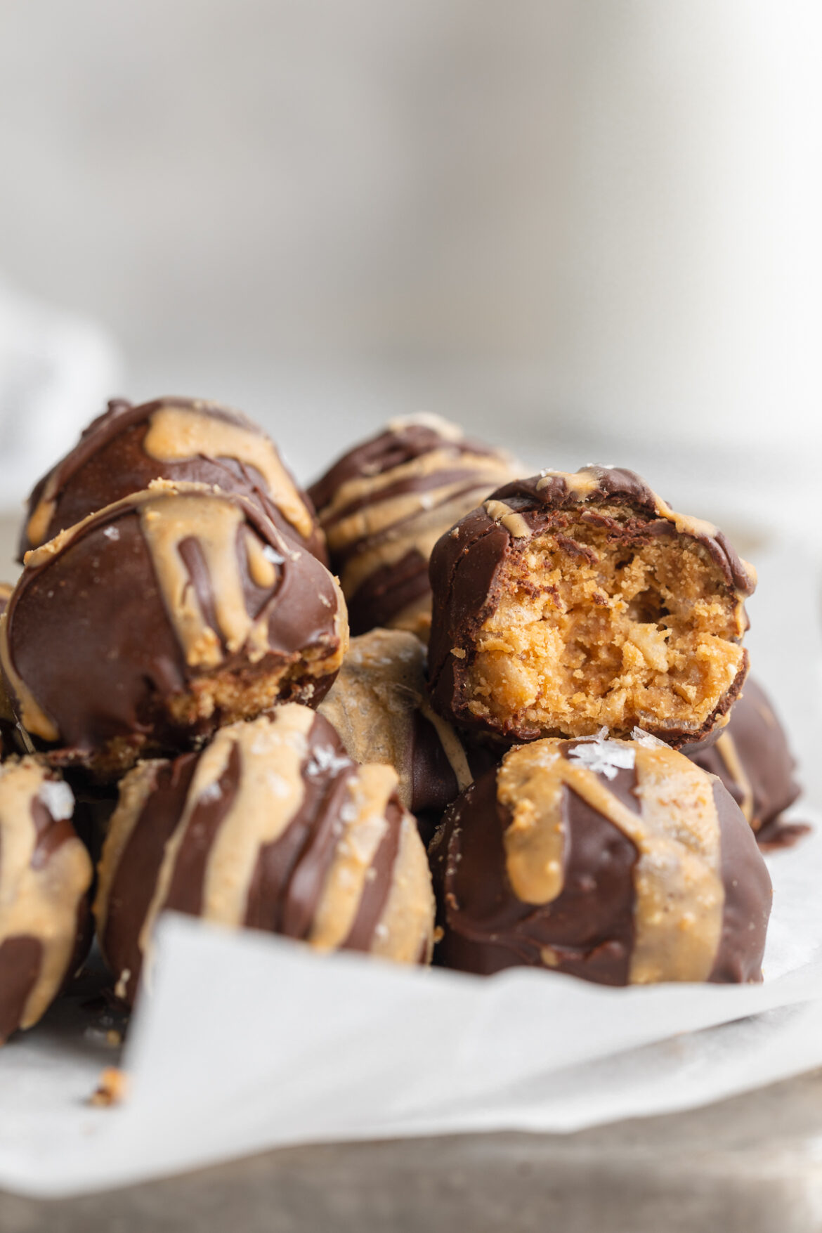 Crunchy No-Bake Peanut Butter Balls close-up image of crunchy peanut butter balls.