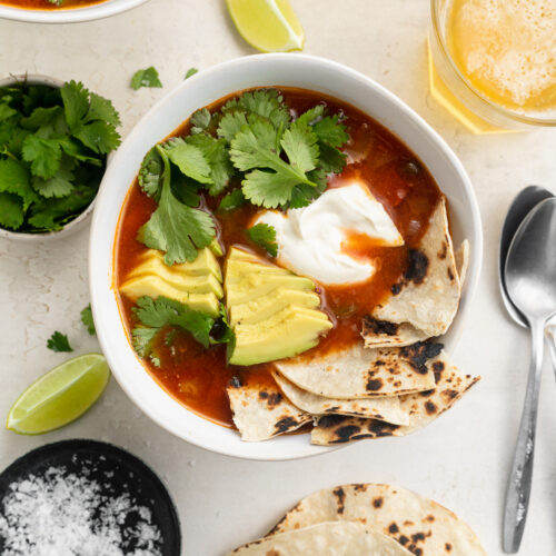 overhead image of Mexican soup with avocado, cilantro, sour cream, and tortillas on top.