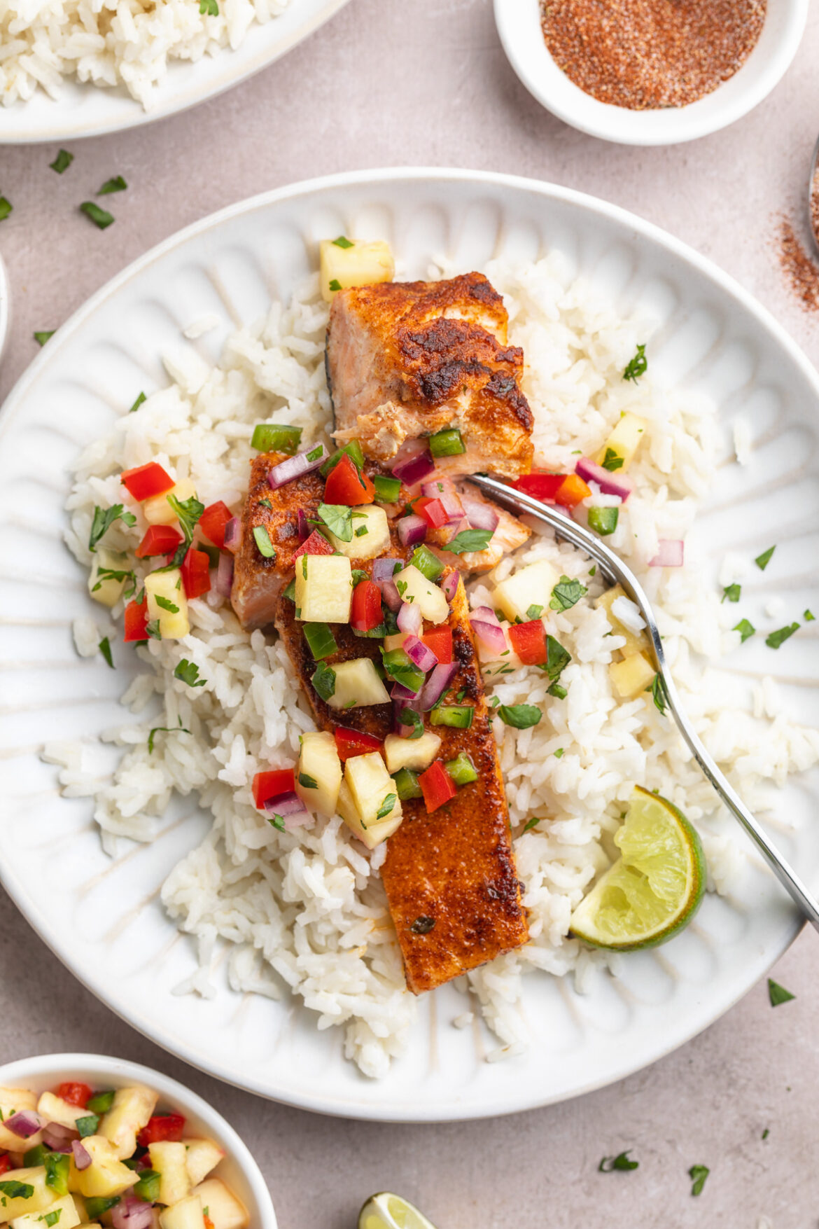 Blackened Salmon Bowls with Coconut Rice and Pineapple Salsa