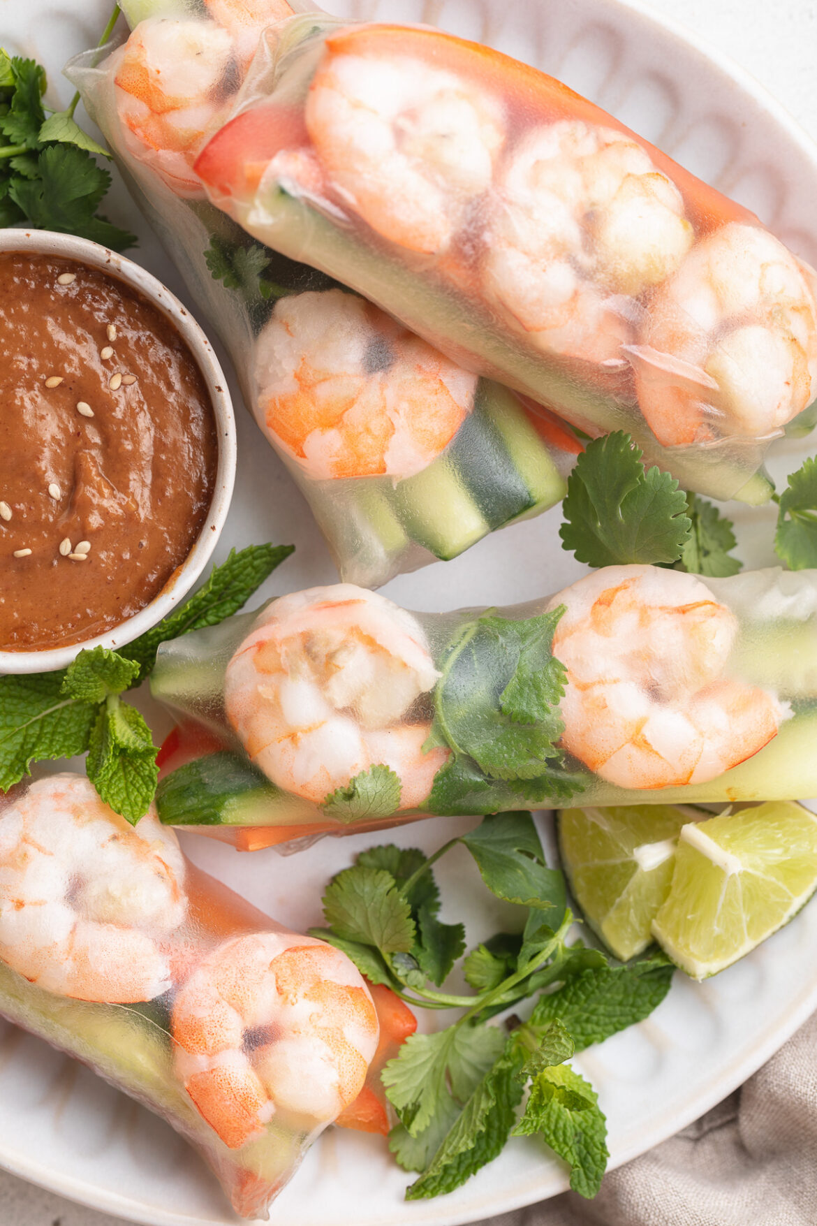 Shrimp Spring Rolls with Peanut Sauce close-up overhead image of shrimp spring rolls on a plate with peanut sauce.