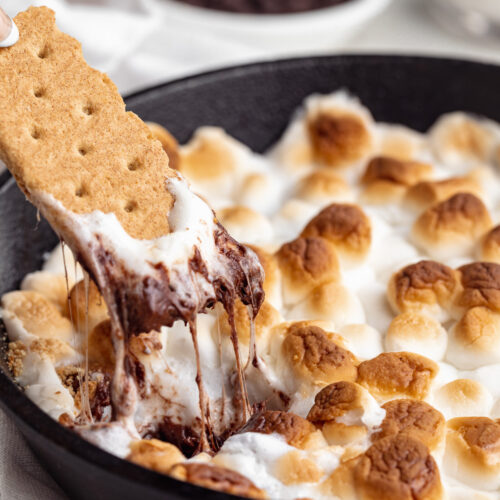 graham cracker being dipped into s'more dip