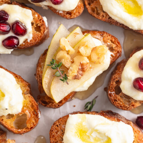 overhead close up image of whipped feta crostini.