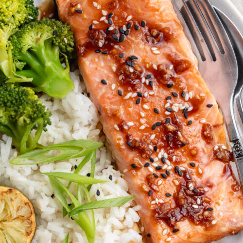 close-up overhead image of honey teriyaki salmon on a plate with rice.