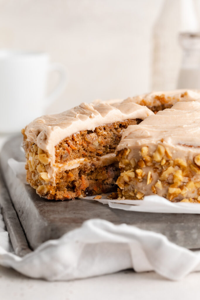 a slice of gluten free and dairy free carrot cake.