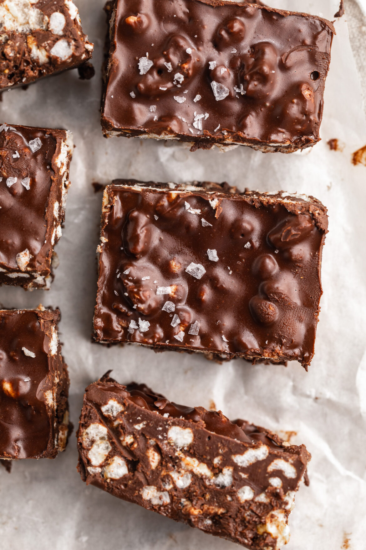 3 Ingredient Healthy Homemade Crunch Bars overhead image of 3 ingredient no bake homemade crunch bars with sea salt on top.
