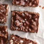 overhead image of 3 ingredient no bake homemade crunch bars with sea salt on top.