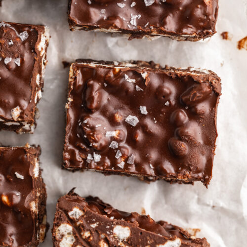 overhead image of 3 ingredient no bake homemade crunch bars with sea salt on top.