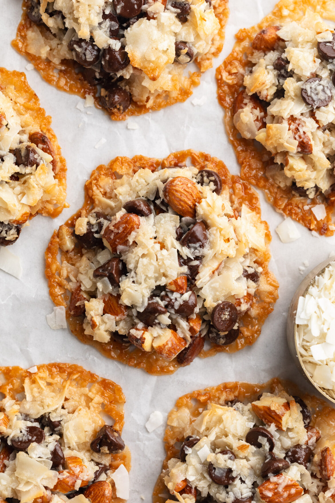 4 Ingredient Almond Joy Cookies overhead image of 4 ingredient almond joy cookies on a baking sheet.