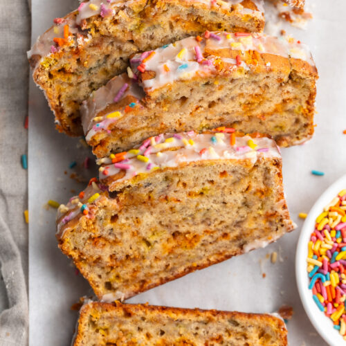 overhead image of sliced birthday cake banana bread