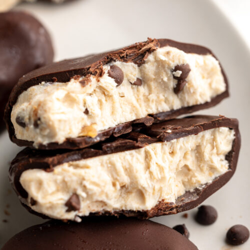 cookie dough frozen yogurt bites cut in half