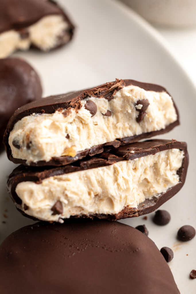 cookie dough frozen yogurt bites cut in half