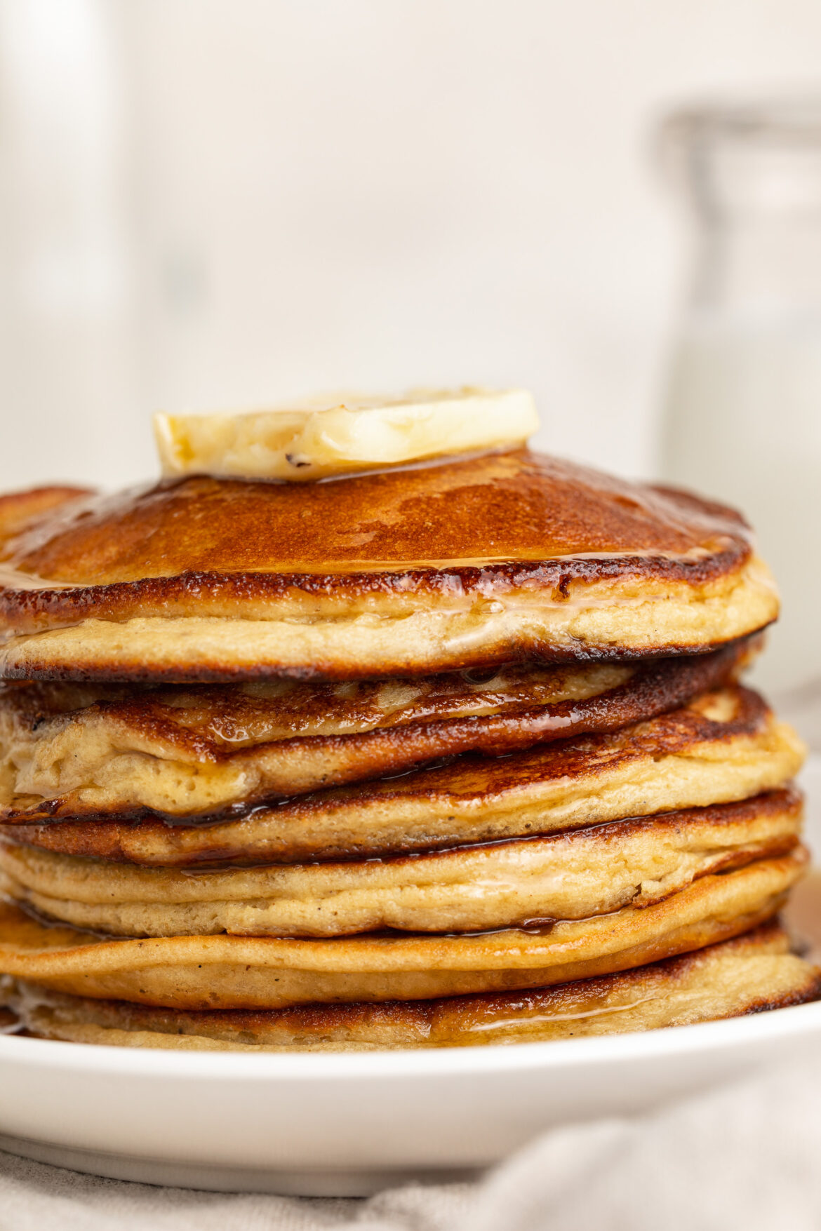 3-Ingredient Protein Pancakes Recipe close up image of a stack of protein pancakes.