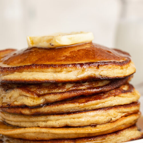 close up image of a stack of protein pancakes.