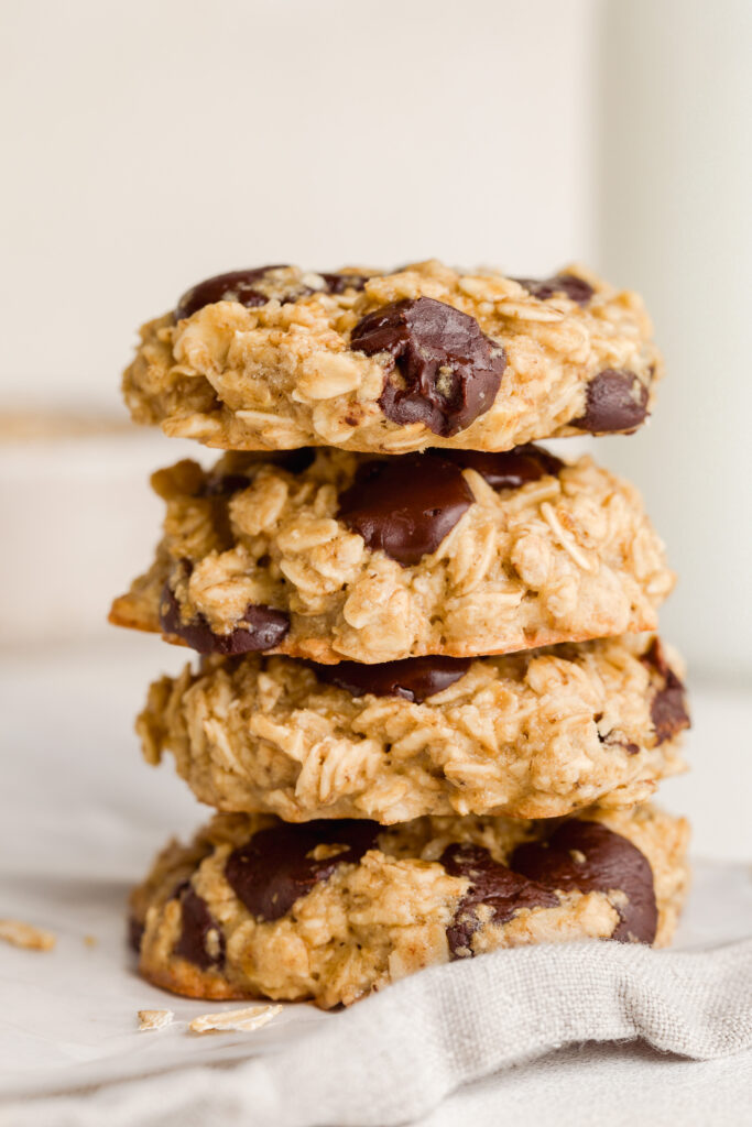 a stack of 5 ingredient healthy oatmeal chocolate chip cookies.