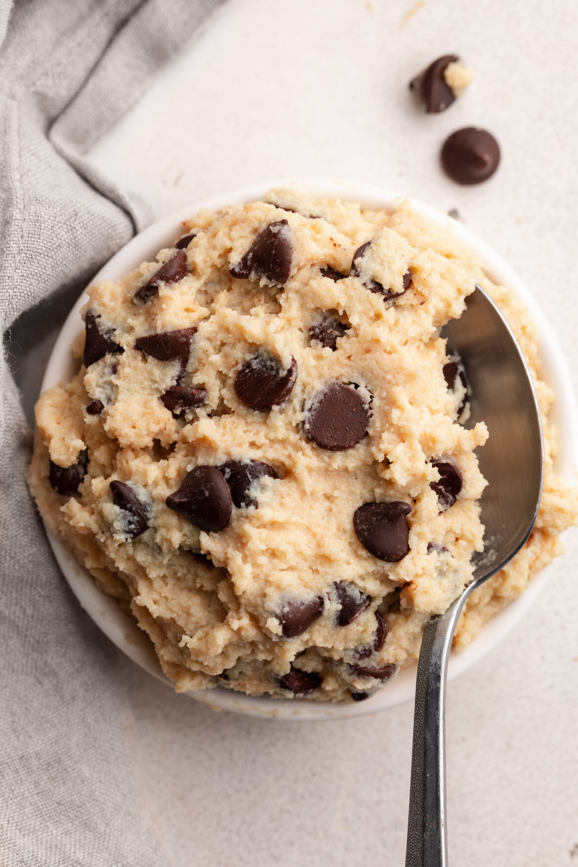 Cottage Cheese Cookie Dough overhead image of cottage cheese cookie dough in a small dish.