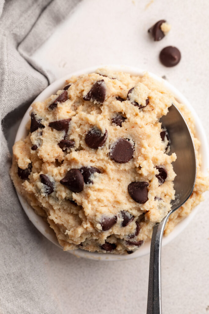 overhead image of cottage cheese cookie dough in a small dish.