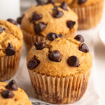 protein muffins on a table with chocolate chips on top.