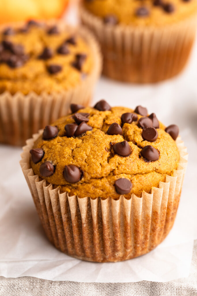 close up image of a healthy pumpkin muffin with chocolate chips on top.