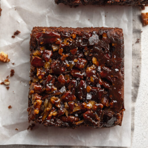 overhead image of a healthy sticky pecan pie brownie.