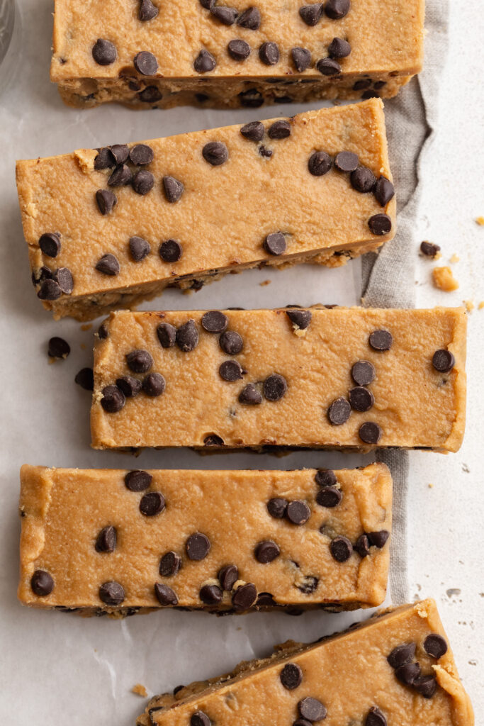 overhead image of sliced collagen cookie dough protein bars.