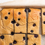 overhead image of protein pancake bars in a sheet pan.