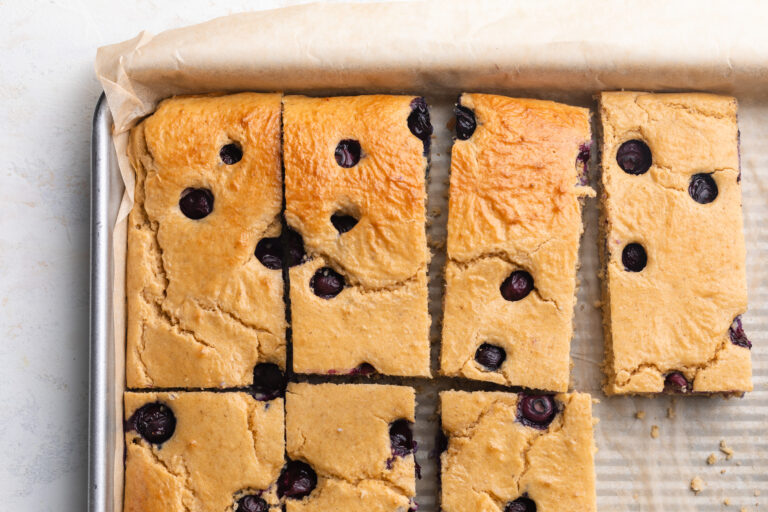 overhead image of protein pancake bars in a sheet pan.