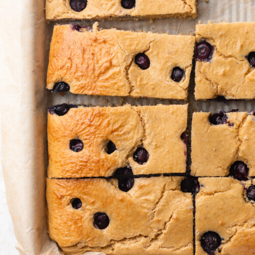 overhead image of protein pancake bars in a sheet pan.