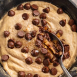 close up image of protein cookie skillet with chocolate chips on top.
