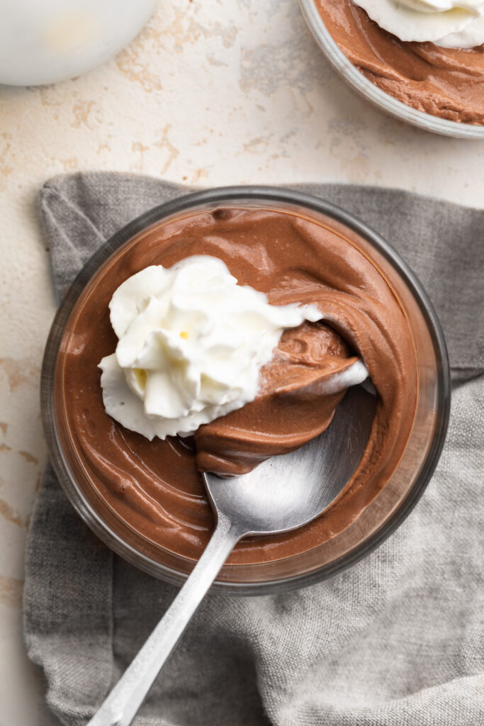 overhead image of cottage cheese chocolate mousse in a small dish.