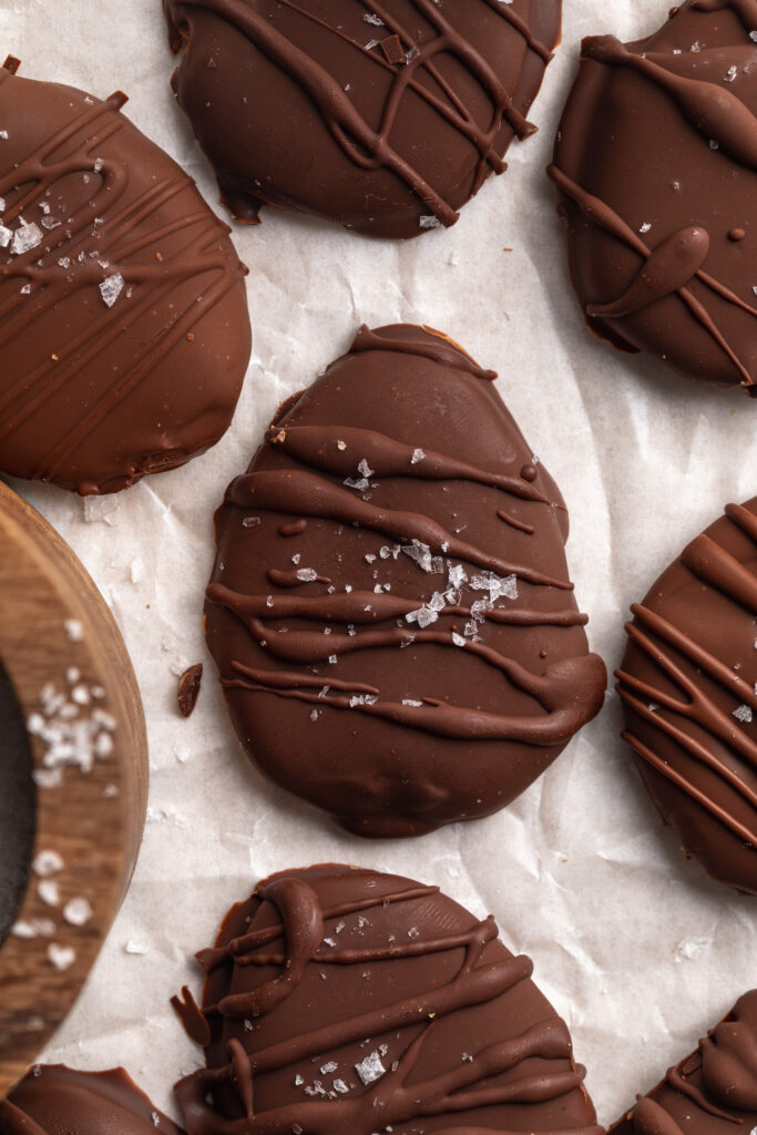 overhead image of protein reese's eggs with flaky salt on top.
