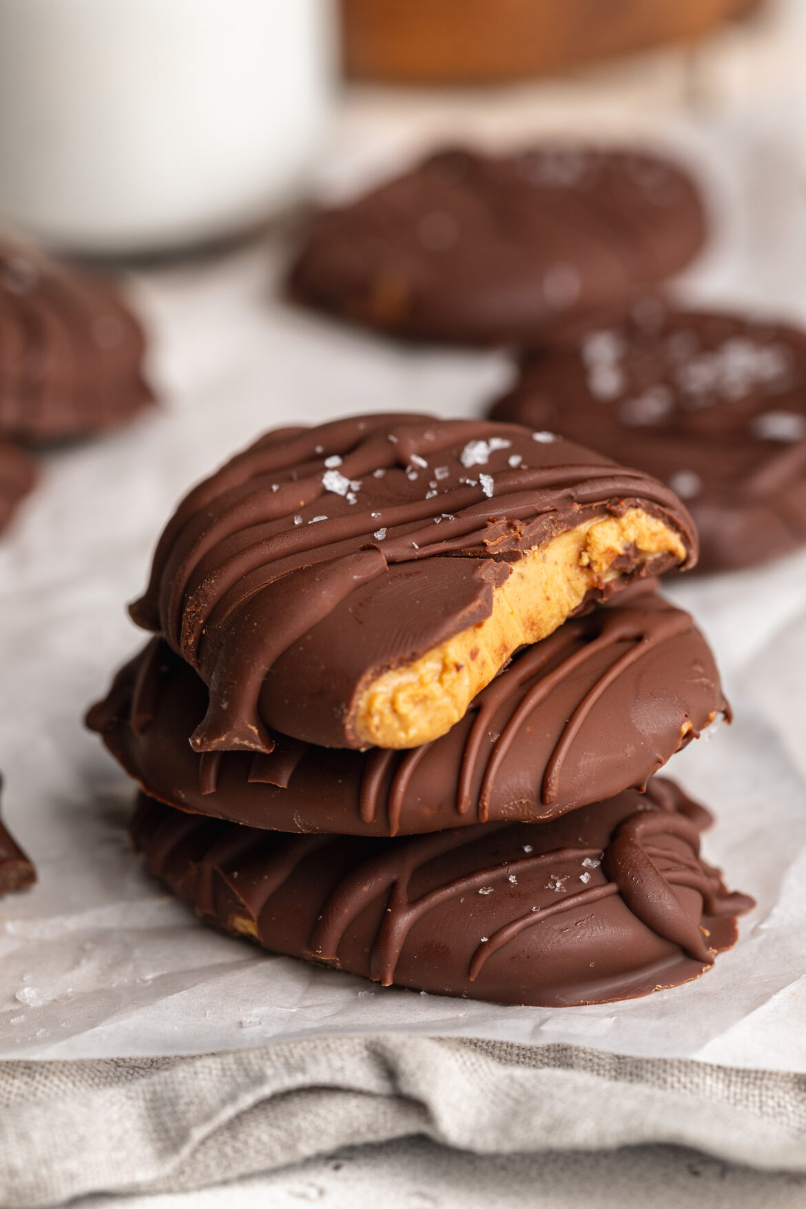 three protein reese's eggs stacked on top of each other.