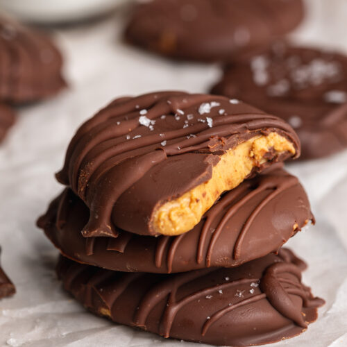 three protein reese's eggs stacked on top of each other.