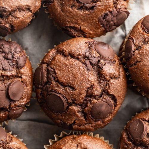 overhead image of double chocolate protein muffins lined up on a table.