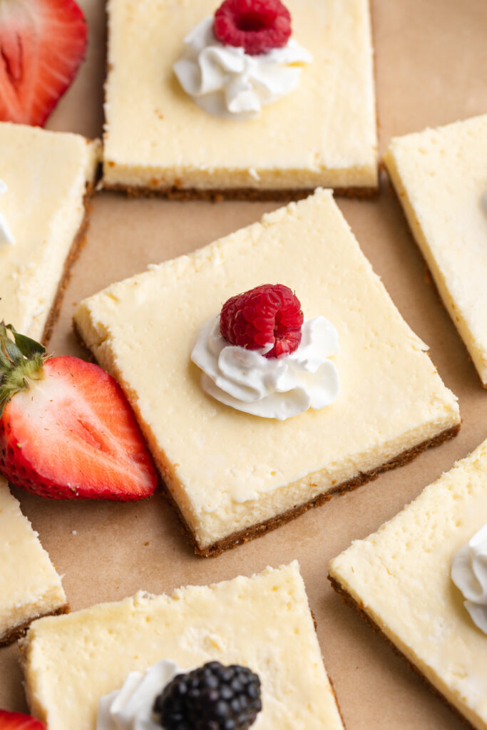 cottage cheese cheesecake bars on a plate.