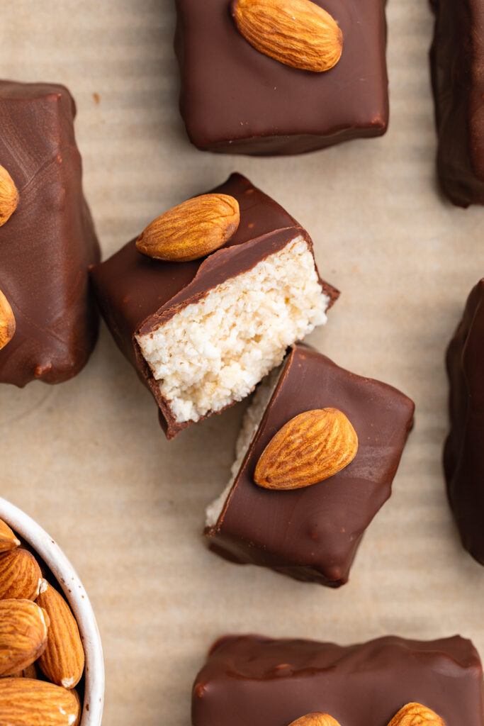 overhead image of healthy almond joy bars.