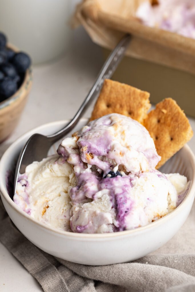 cottage cheese blueberry pie ice cream scooped into a bowl with a spoon.